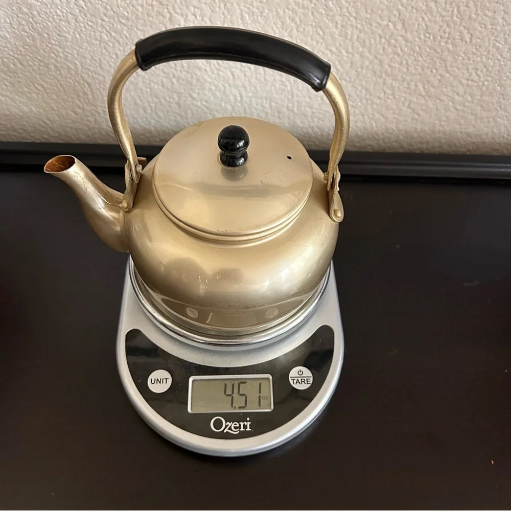 vintage gold-toned aluminum teapot with a black handle mid century modern 5” dia - Picture 10 of 10